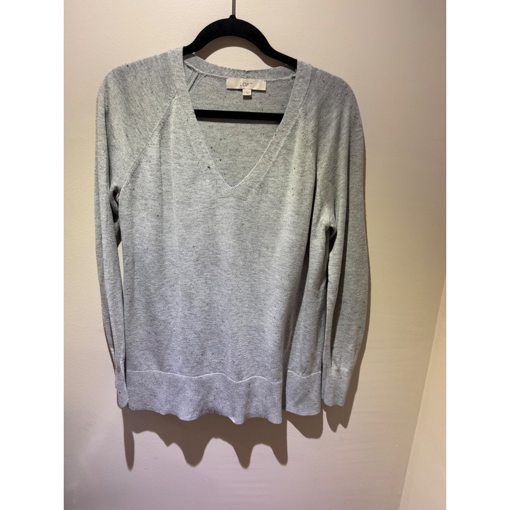 LOFT Womens Gray Marl V-Neck Raglan Sleeve Knit Sweater Size M